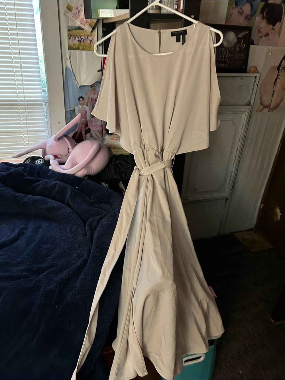 Donna Karan Neutral Beige Cold-Shoulder Wrap Maxi Dress